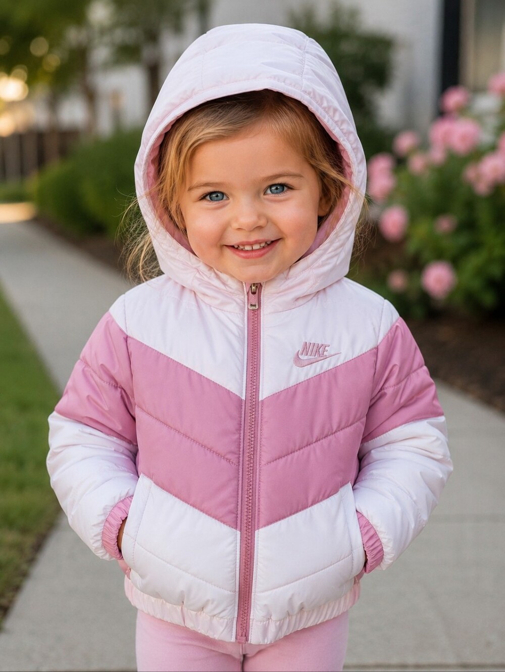 Nike Girls 3T Pink & White Hooded Puffer Jacket | Warm Winter Coat | Zip Front